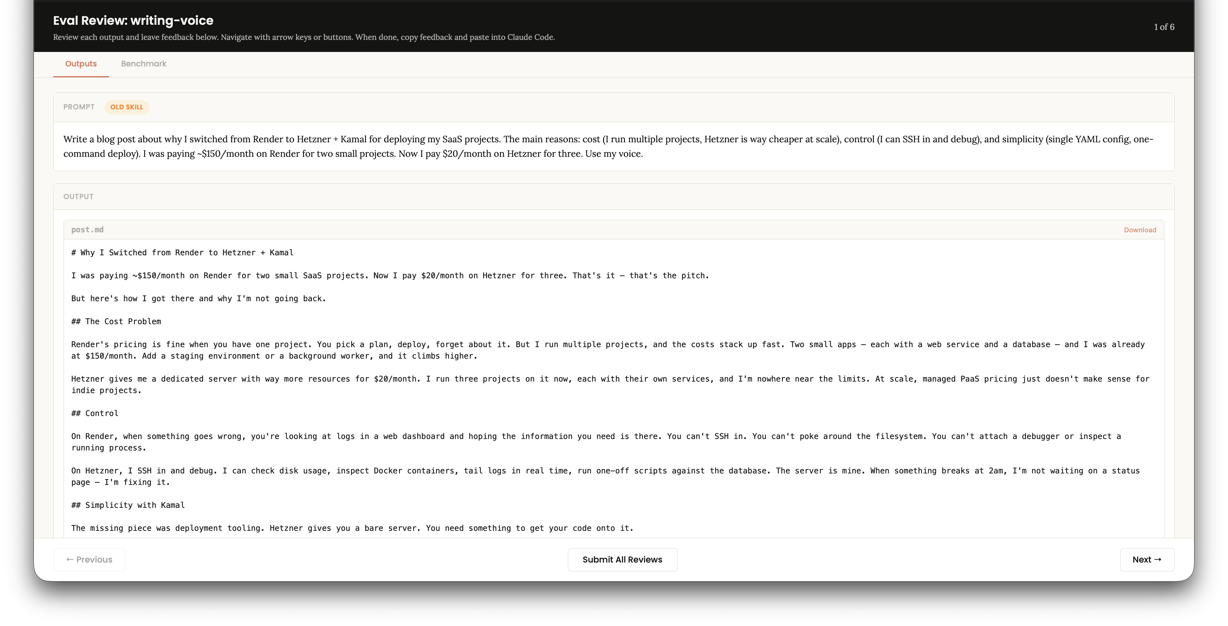 The eval viewer showing a generated post from one of the test prompts