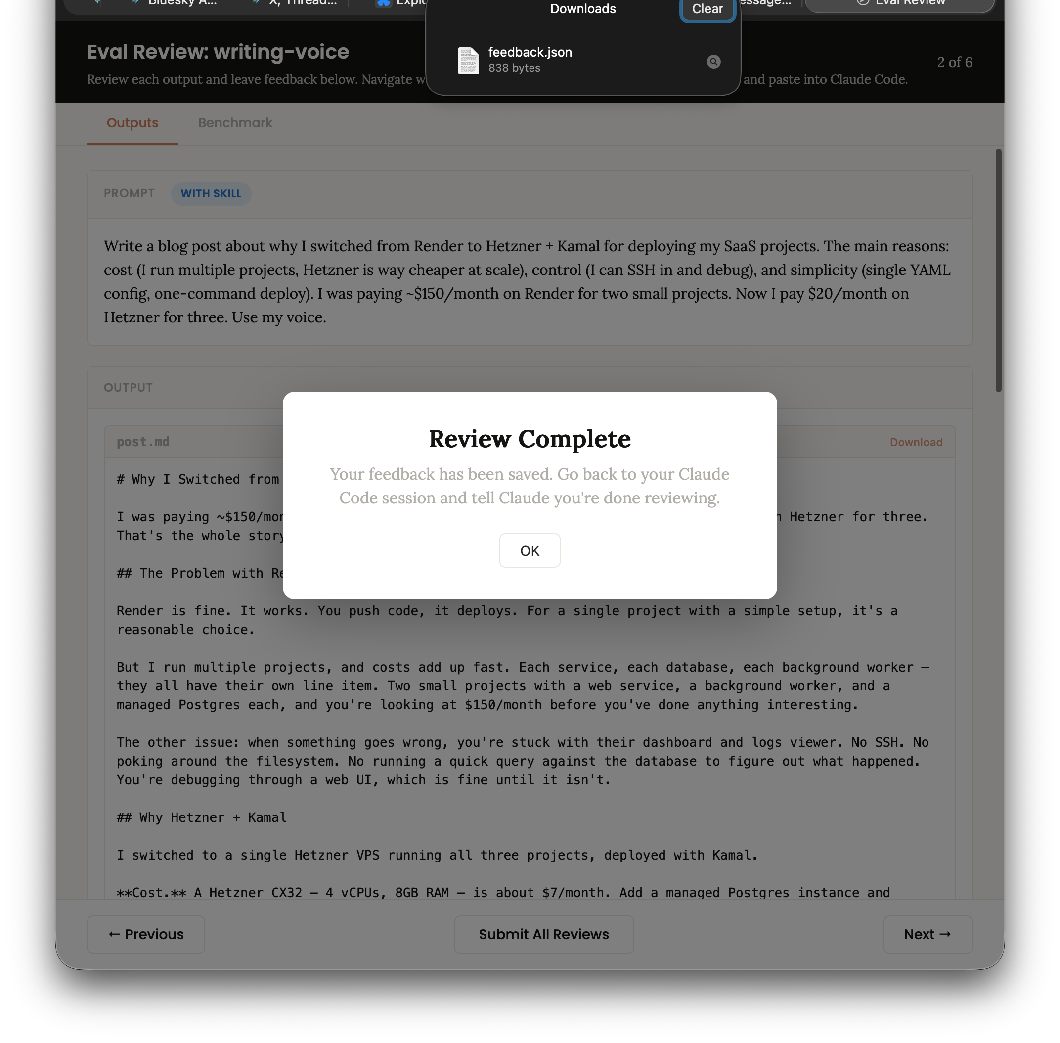 Submitting feedback after reviewing all outputs